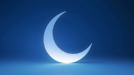 A serene crescent moon glowing brightly against a soft, solid blue background, symbolizing the start of Ramadan
