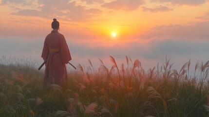 Fototapeta premium Samurai at sunrise, overlooking misty landscape.