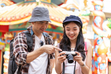 Joyful travel moments of a couple a colorful festival vibrant street adventure