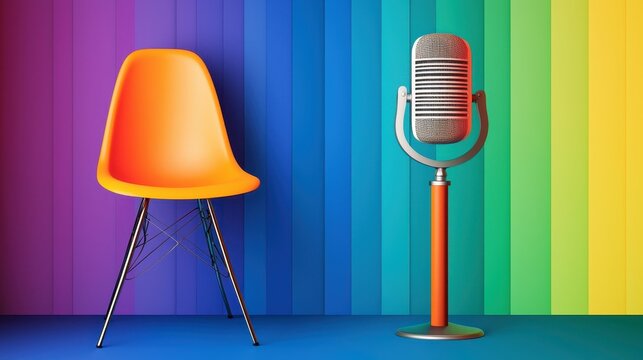 Colorful background featuring an orange chair and a retro microphone.