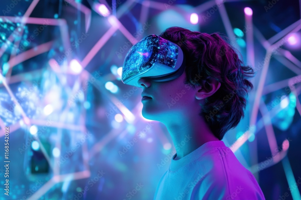 Poster young boy exploring virtual reality in an interactive light display at an exhibition