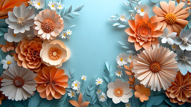 A blue background with a large orange flower in the center. The flowers are made of paper and are arranged in a way that they look like they are floating