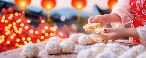 Chinese new year dessert Family preparing fortune cookies together, glowing lanterns above and red decorations creating a joyful Chinese New Year scene