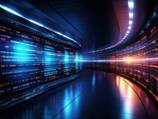 Obraz premium Futuristic digital tunnel with vibrant lights.