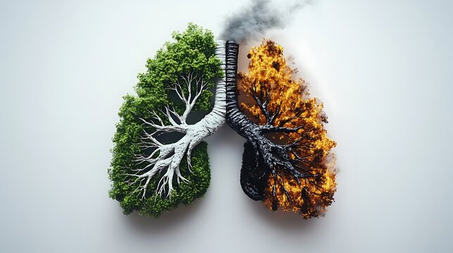 Lungs shaped like trees showing air pollution effects