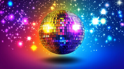 Obraz premium Disco ball with colorful lights and stars.