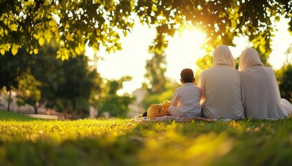 Muslim Family Picnic in the Park, Parents and Child Sitting on Grass with Sunset Lighting
