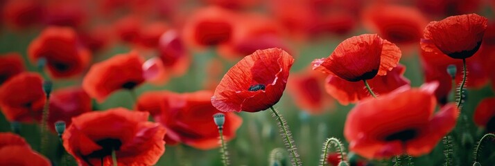 A field of vibrant red poppies in full bloom, with the sun setting background