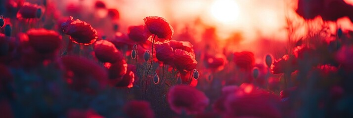 A field of vibrant red poppies in full bloom, with the sun setting background