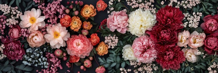 a dense floral pattern of peonies and chrysanthemums in white and red color