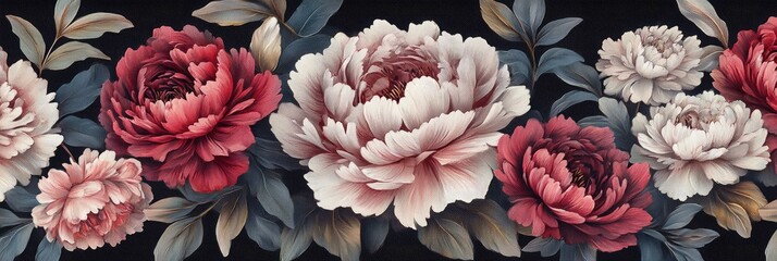 a dense floral pattern of peonies and chrysanthemums in white and red color