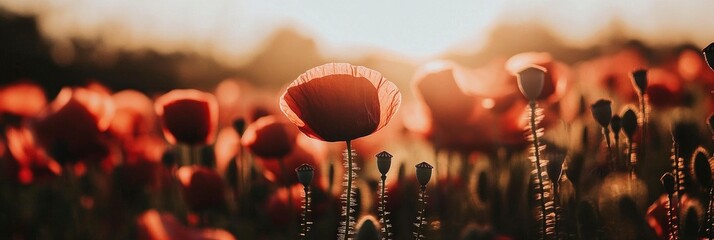 A field of vibrant red poppies in full bloom, with the sun setting background