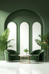 A green and white modern minimalist display stand with three arched windows, green background, green velvet armchairs, brass floor lamp, circular coffee table, large potted plant.