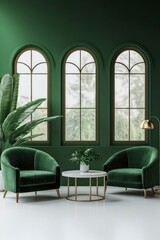 A green and white modern minimalist display stand with three arched windows, green background, green velvet armchairs, brass floor lamp, circular coffee table, large potted plant.