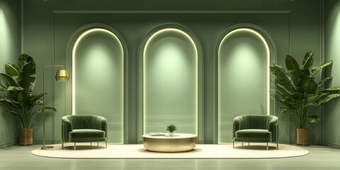 A green and white modern minimalist display stand with three arched windows, green background, green velvet armchairs, brass floor lamp, circular coffee table, large potted plant.