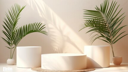 Fototapeta premium White podiums with palm leaves complemented by a neutral background, for product display.