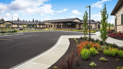 Fototapeta premium Elegant Senior Care Facility with Spacious Parking and Lush Garden, Welcoming Entrance for Retirement Living, Stock Photography Style