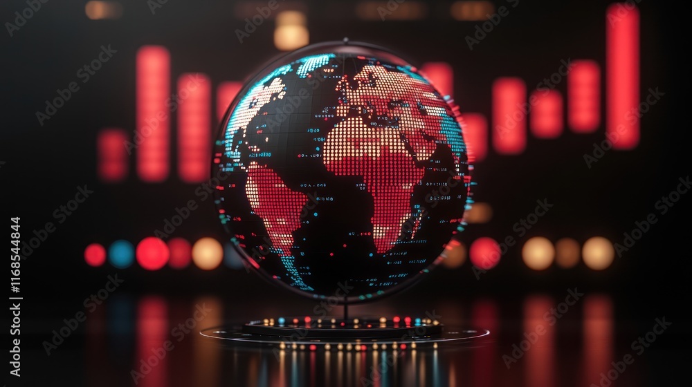 Poster digital globe with pixelated continents against blurred graph background.