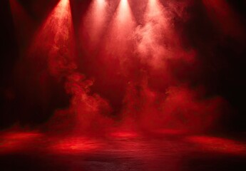 Red background, spotlight on the ground, red smoke floating in the air, creating an atmosphere of mystery and romance.