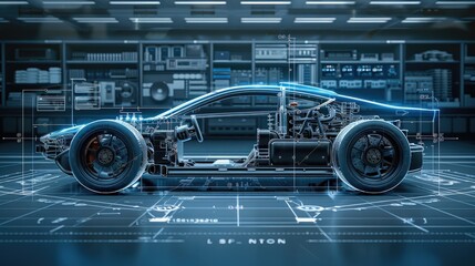 The electric vehicle chassis is depicted in a technical blueprint style, with labeled parts and measurements. The factory floor is represented by grid lines.