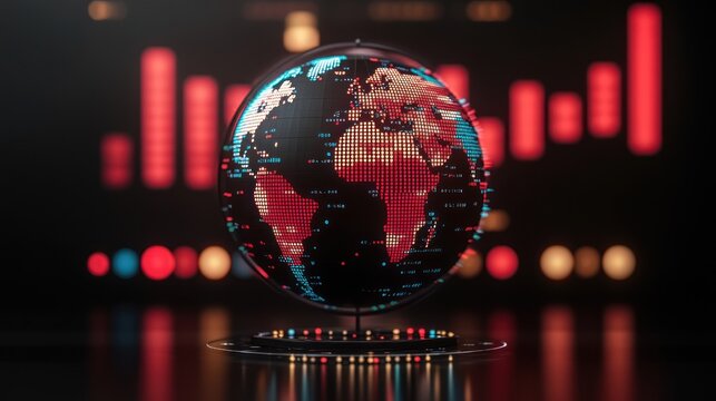 Digital globe with pixelated continents against blurred graph background.