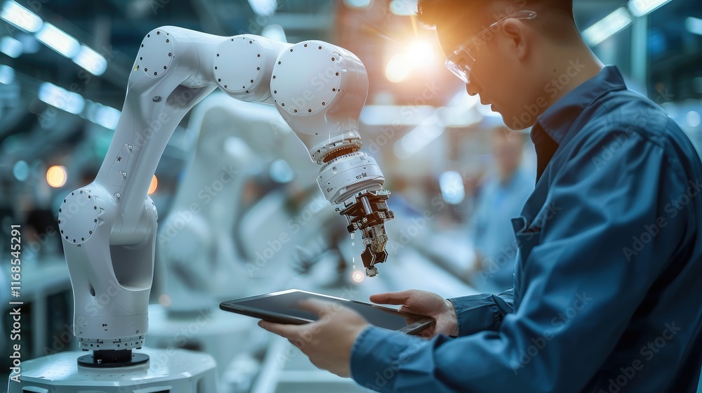 Poster Manager or Industrial engineer working and control ai robotic with industry factory and network connection automation robot arm by tablet.