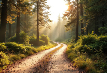 Naklejka premium A dirt path winding through a lush, green forest with tall trees and dense foliage on both sides
