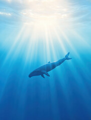 Fototapeta premium majestic whale swims gracefully in deep blue waters, illuminated by sunlight
