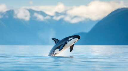 Fototapeta premium majestic orca whale breaches surface of calm waters, surrounded by mountains and clouds, showcasing its power and grace