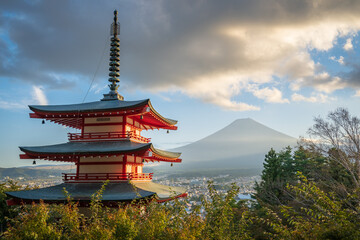 Mountain Fuji and Chureito Pagoda in Japan during autumn.