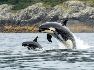 Fototapeta premium Dolphins jumping in ocean water near rocky coastline, showcasing playful behavior and natural habitat