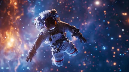 Fototapeta premium An astronaut floating weightlessly in space, tethered to a spacecraft, with a brilliant galaxy and countless stars in the background, the Milky Way arching across the star-filled sky in the background