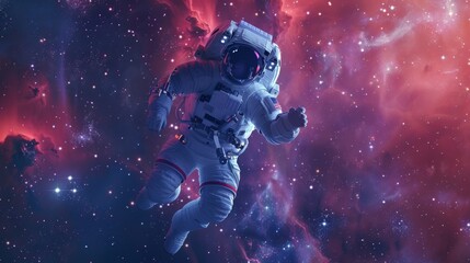 Fototapeta premium An astronaut floating weightlessly in space, tethered to a spacecraft, with a brilliant galaxy and countless stars in the background, the Milky Way arching across the star-filled sky in the background