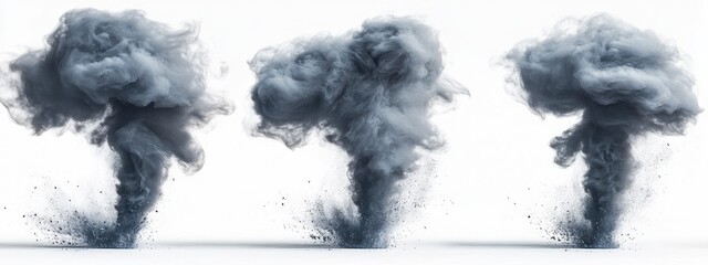 Three distinct smoke tornadoes against a white background, h