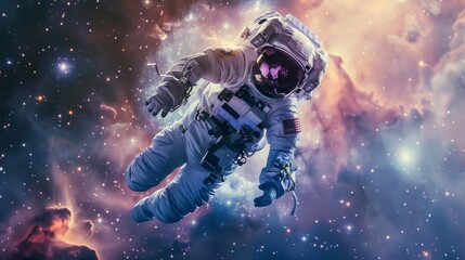 An astronaut floating weightlessly in space, tethered to a spacecraft, with a brilliant galaxy and countless stars in the background, the Milky Way arching across the star-filled sky in the background