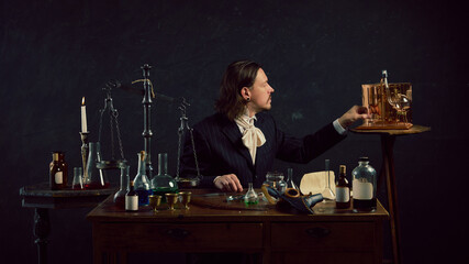 Mysterious figure, doctor sits amidst vintage lab equipment, appearing to carefully measure...