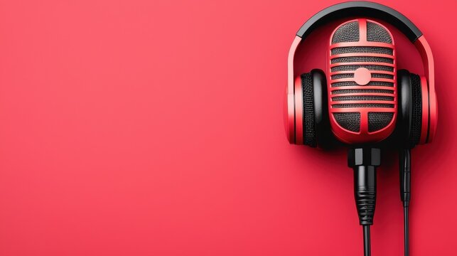Vintage microphone and headphones on a vibrant red background.