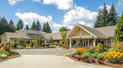 Elegant Senior Care Facility with Spacious Parking and Lush Garden, Welcoming Entrance for Retirement Living, Stock Photography Style