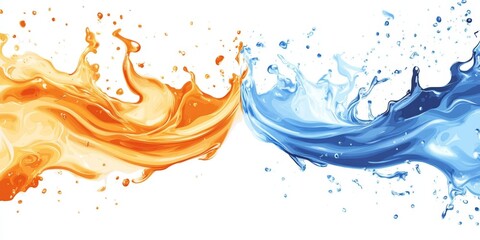 Fototapeta premium Orange and blue liquid splashes collide. (1)