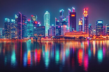 Obraz premium Neon skyline view of a bustling city at night with reflections on water