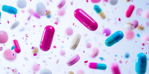 Colorful pills and capsules falling against a white background.