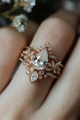 Obraz premium Elegant floral engagement ring set with diamonds on a hand