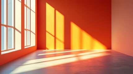 Bright orange interior with sunlight casting shadows through large windows.