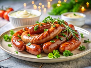 Delicious Thin Sausages with Creamy Mayonnaise on a Plate - Stock Photo
