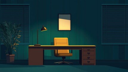 A modern office scene featuring a desk, chair, lamp, and plant under soft lighting.