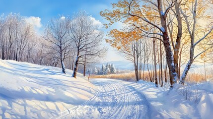 Obraz premium A ski trail winding through snow-covered trees on a sunny winter day.