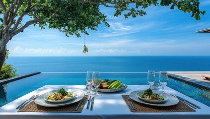 A dining table set with an outdoor pool and ocean view,