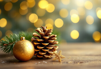A golden pine cone and a golden ornament on a wooden surface, with a blurred yellow and white bokeh background