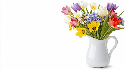 Fototapeta premium Colorful spring tulips and flowers in white pitcher.
