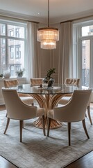 Fototapeta premium Modern dining area featuring elegant furniture and stylish lighting in an urban apartment